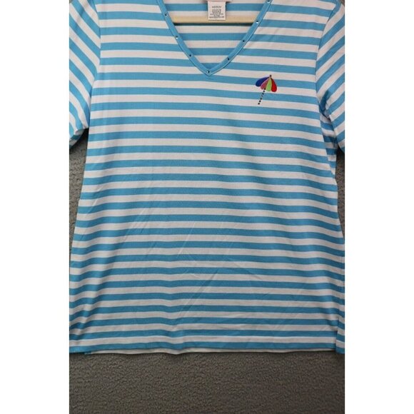 Quaker Factory Striped Short Sleeve Blouse-Embroidered-Rhinestones-Medium - Picture 2 of 11